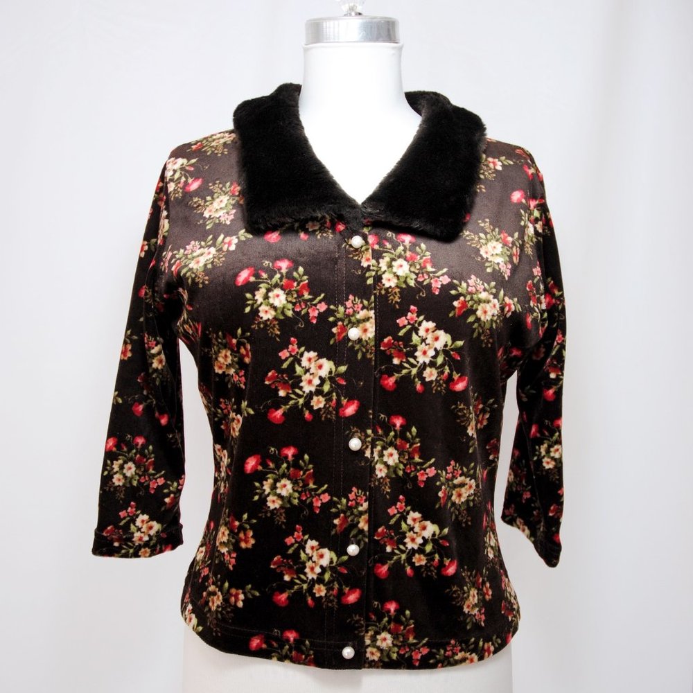 1990's brown floral cardigan Sz L, faux fur collar